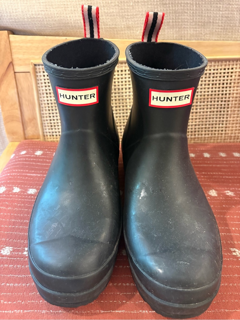 Hunter Black Short Rain Boots with Red-Trim Logo and Striped Pull Tabs